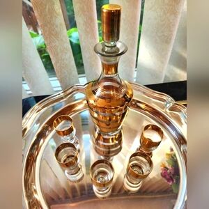 MCM Bohemian Crystal Czech Glass Gold Decanter and 5 Glasses